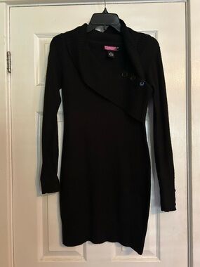 Pink Rose Black Asymmetrical Button-Front Knit Sweater Dress